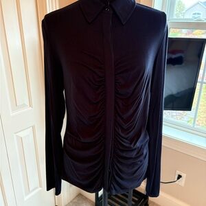 Elie Tahari Navy Blue Ruched front Snap enclosure long sleeved shirt.  Size L